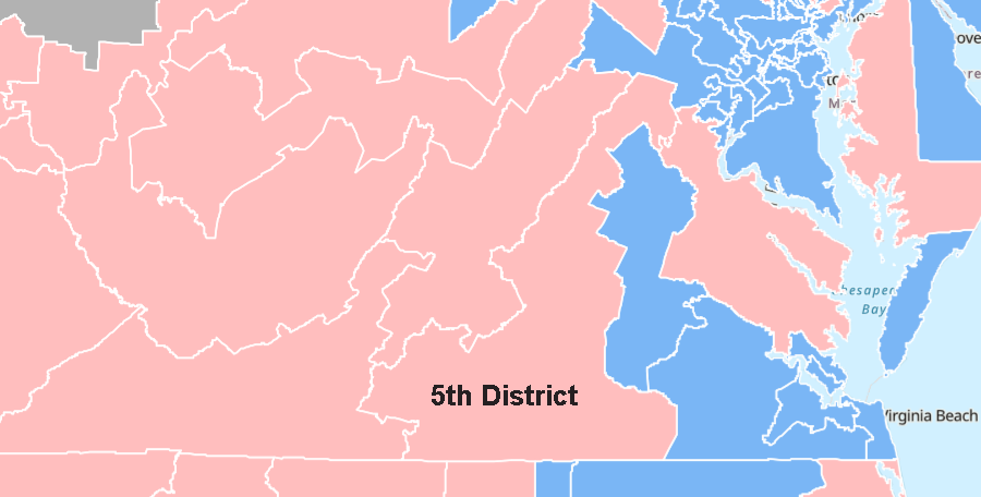 before the redistricting after the 2020 Census, the Fifth District for US House of Representatives stretched from Fauquier County to North Carolina and included primarily rural areas